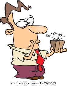 Eine Vektorillustration Illustration eines Cartoon-Mannes, der an das Ticking-Paket denkt, das er in der Hand hält