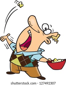 A Vector Illustration Of Cartoon Man Throwing Popcorn Into His Mouth