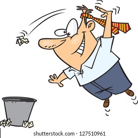 A vector illustration of cartoon man trying to throw a paper ball into a trash bin