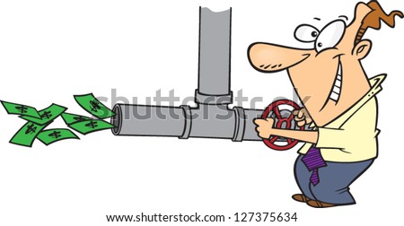 A vector illustration of cartoon man turning a valve wheel on pipe as money flows out