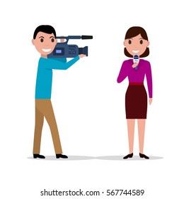 Vector illustration of cartoon man with a video camera cameraman filmed woman journalist with microphone. Isolated on white background. Flat style. Male video operator and female journalist.