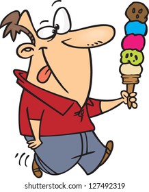 A vector illustration of cartoon man walking with a giant ice cream cone