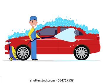 Vector illustration of a cartoon man washes a car. Isolated white background. The washer guy is washing the auto with a high pressure washer. Flat style. Concept service Car wash.