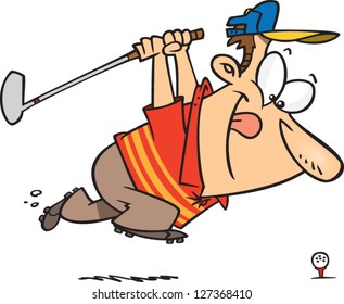 A vector illustration of cartoon man winding up for his golf swing