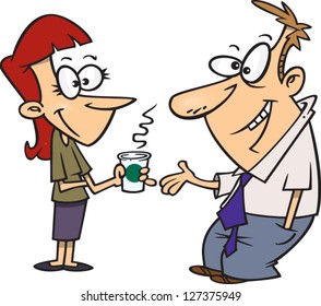 A vector illustration of cartoon man and woman talking over a cup of coffee