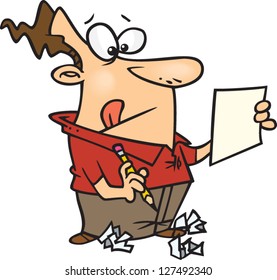 A vector illustration of cartoon man writing on paper with a pencil