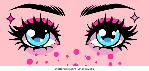 Vector illustration in cartoon manga style of kawaii eyes with pink eyeshadows. Comic concept of an anime character.