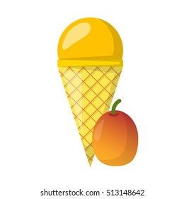 Vector illustration with cartoon mango ice cream ball in cone. Cartoon ice cream flavour. Summer sweet dessert. Vector cartoon icon. Sweet orange ball.