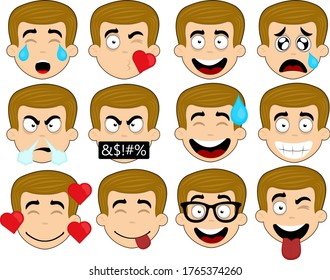 Vector illustration of a cartoon man's face with various expressions