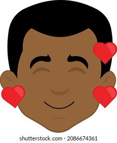 Vector illustration of a cartoon man's face surrounded by hearts