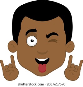 Vector illustration of a cartoon man's face doing the classic heavy metal gesture with his hands, his tongue sticking out and winking