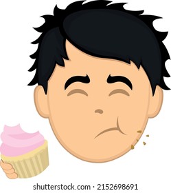 Vector illustration of a cartoon man's face eating a cupcake