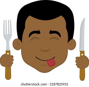 Vector illustration of a cartoon man's face with a yummy expression, with a knife and fork in his hands