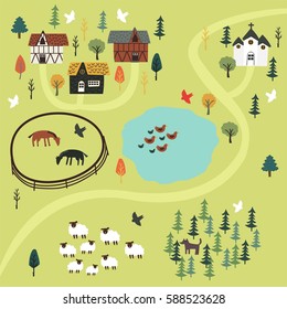 Vector illustration. Cartoon map of the countryside.