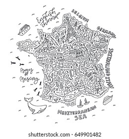 Vector illustration of the cartoon map of France with doodle symbols and lettering. 