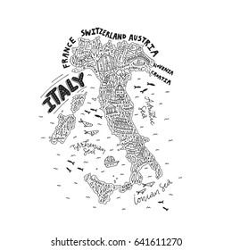 Vector illustration of the cartoon map of the Italy with doodle symbols and lettering. 