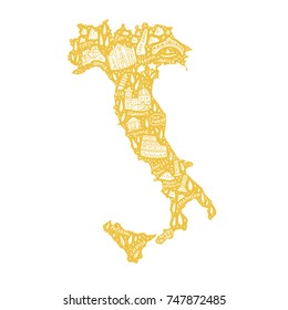 Vector illustration of the cartoon map of the Italy with doodle symbols and lettering. 
