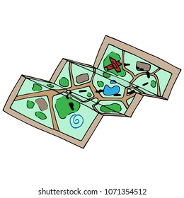 Vector illustration of a cartoon map for treasure hunting. Hand drawn old crumpled map to pirate games.