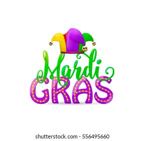 Vector illustration of cartoon Mardi Gras holiday text sign with masquerade jesters hat with gold round bells isolated on white background