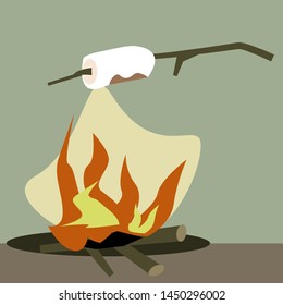 vector illustration, cartoon marshmallow and bonfire