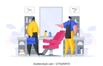 Vector illustration of cartoon master in apron greeting modern businessman with briefcase visiting salon to get new haircut on white background