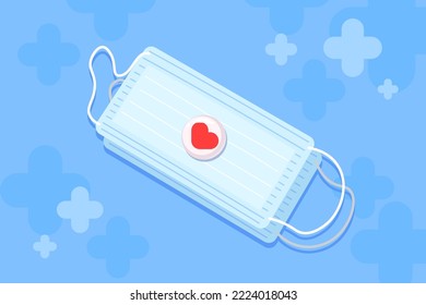 Ilustración vectorial de la máscara médica de dibujos animados con icono cardíaco. Mascarilla respiratoria azul. Protección contra virus y enfermedades. Máscara protectora sobre fondo azul con el símbolo de farmacia.