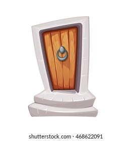 vector Illustration of cartoon medieval entrance door with door knocker. Wood material. Porch with two stone steps. Picture for 2D game design. Isolate on white background