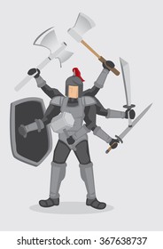 Vector illustration of a cartoon medieval knight character in metal armor with multiple arms holding a variety of ancient weapon.