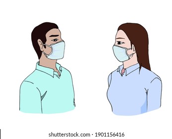 Vector illustration, cartoon men and  women wearing masks, to prevent disease, in white background
