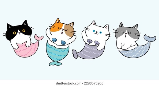 Vector Illustration of Cartoon Mermaid Cat Characters on Isolated Background