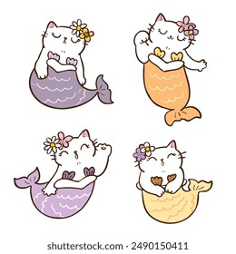 Vector Illustration of Cartoon Mermaid Cat Characters on Isolated Background