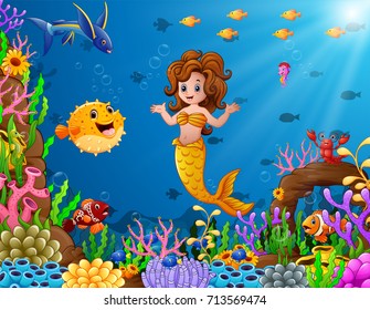 Vector illustration of Cartoon mermaid underwater