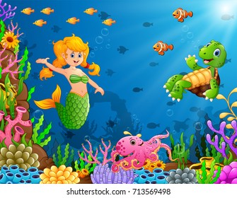 Vector illustration of Cartoon mermaid underwater with turtle and octopus