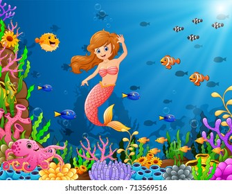 Vector illustration of Cartoon mermaid underwater