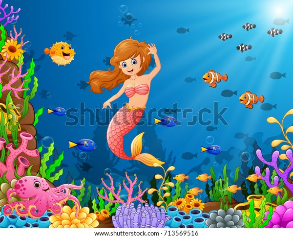 Vector Illustration Cartoon Mermaid Underwater Stock Vector (Royalty ...