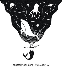 Vector illustration with cartoon mermaid and whale, jellyfish, fish, octopus, starfish and seaweed in her hair. Black and white poster with sea animals and female mythical creature