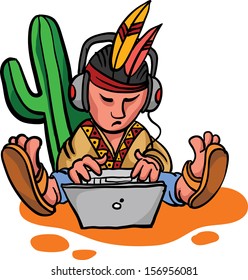 Vector illustration of cartoon mexican character with laptop computer