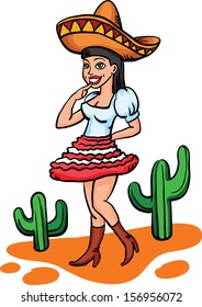 Vector illustration of cartoon mexican girl in traditional dress