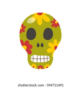 Vector illustration with cartoon mexican skull. Dead day or dia de los muertos symbol. Mexico travel icon. Traditional floral art object for latin america