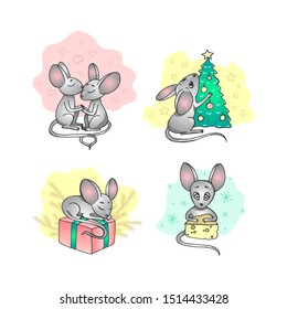 Vector illustration with cartoon mice - symbol of the Chinese new year 2020. Mice with Christmas attributes in the form of stickers. Art can be used for holiday invitation, postcard, poster, packing