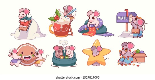 Vector illustration with cartoon mice - symbol of the Chinese new year 2020. Mice Stickers with Christmas attributes. Can be used as holiday card design elements.