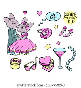 Vector illustration with cartoon mice - symbol of the Chinese new year 2020. Mice with Christmas attributes in the form of stickers. Art can be used for holiday invitation, postcard, poster, packing.