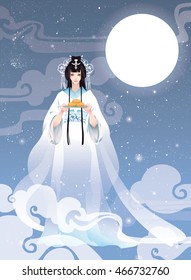 Vector illustration cartoon mid autumn festival. Chang'e, the Chinese Goddess of Moon with moon cake. 