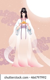 Vector illustration cartoon mid autumn festival. Chang'e, the Chinese Goddess of Moon with moon cake. Pink background.