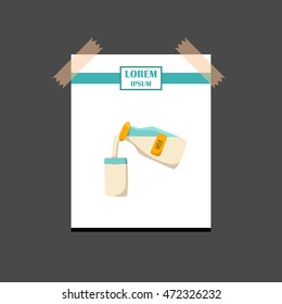 Vector illustration with cartoon milk bottle and glass with milk. Vector dairy products icon. Fresh farm milk background. Natural organic milk bottle. Vector isolated icon on white background