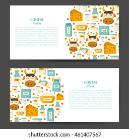 Vector illustration with cartoon milk products background. Milk intolerance or lactose free concept. Vector cartoon dairy products. Natural organic milk production. Farm diary production background