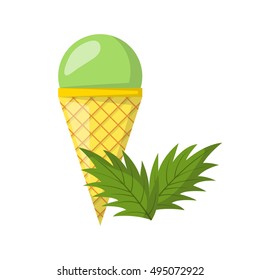 Vector illustration with cartoon mint ice cream ball in cone. Cartoon ice cream flavour. Summer sweet dessert. Vector cartoon icon. Sweet green ball.