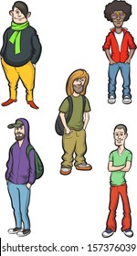 Vector illustration of cartoon modern young men. Easy-edit layered vector EPS10 file scalable to any size without quality loss. High resolution raster JPG file is included.