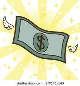 Vector illustration of a cartoon money flying in a golden glitter. Green banknotes with flying wings. Gold sparkle. Isolated on white background. Decoration and pattern.
