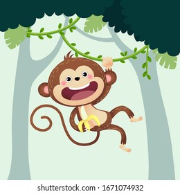 Vector illustration cartoon monkey with a banana hanging from liana in the jungle.